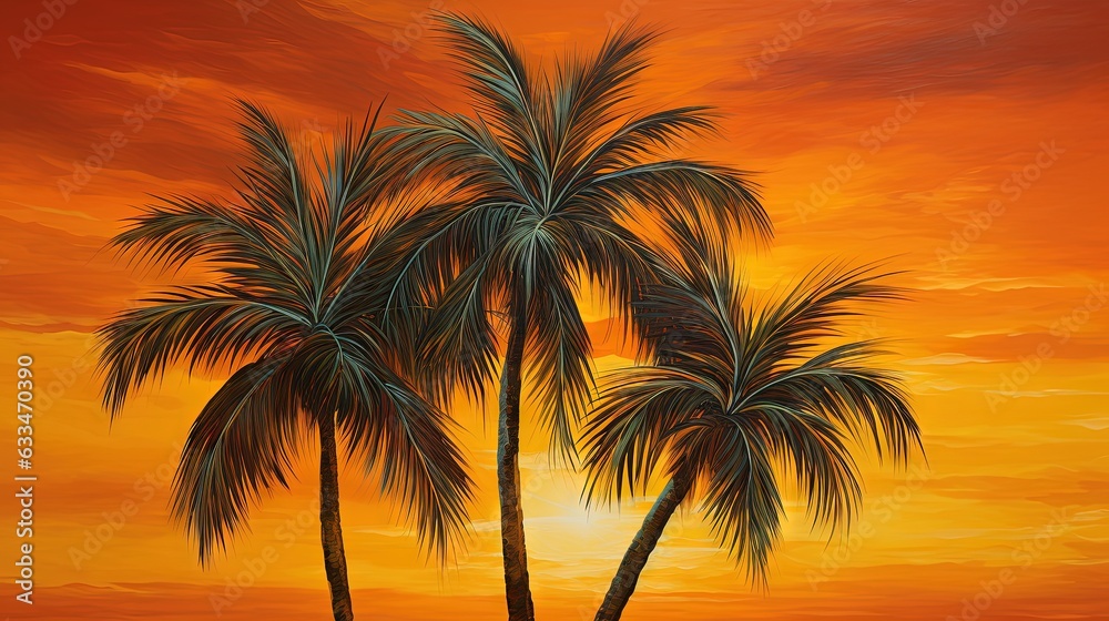  a painting of two palm trees in front of a sunset.  generative ai