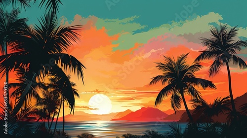  a painting of a sunset with palm trees and the ocean. generative ai