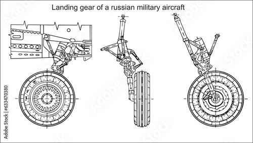 Landing gear of a russian military aircraft mig
(war plane fighter bomber). Vector drawing.
General, side, front views. Cad scheme. 