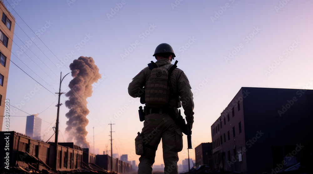 silhouette of a soldier at sunset - Generative AI silhouette of a soldier at sunset - Generative AI