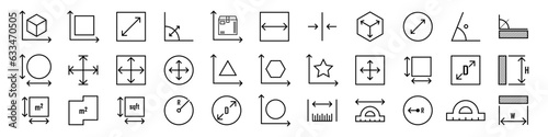 Square, perimeter, distance and diameter icons. Dimension, area and perimeter measure concept. Vector set of linear geometry icons. Geometric symbols collection.
