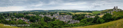 Panoramic image of Corfe Casle the village and train station