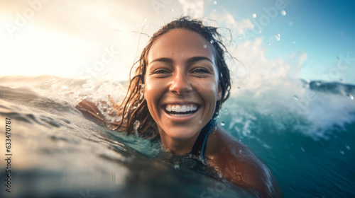 Happy surfer girl paddling on surfboard in blue ocean on sunset. In motion summer.  © JuliaDorian