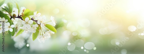 Blossoming fruit tree branch with defocused blur bokeh background. Copy space. Spring background