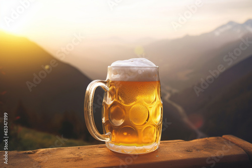 Vászonkép A mug of beer on a background of mountains