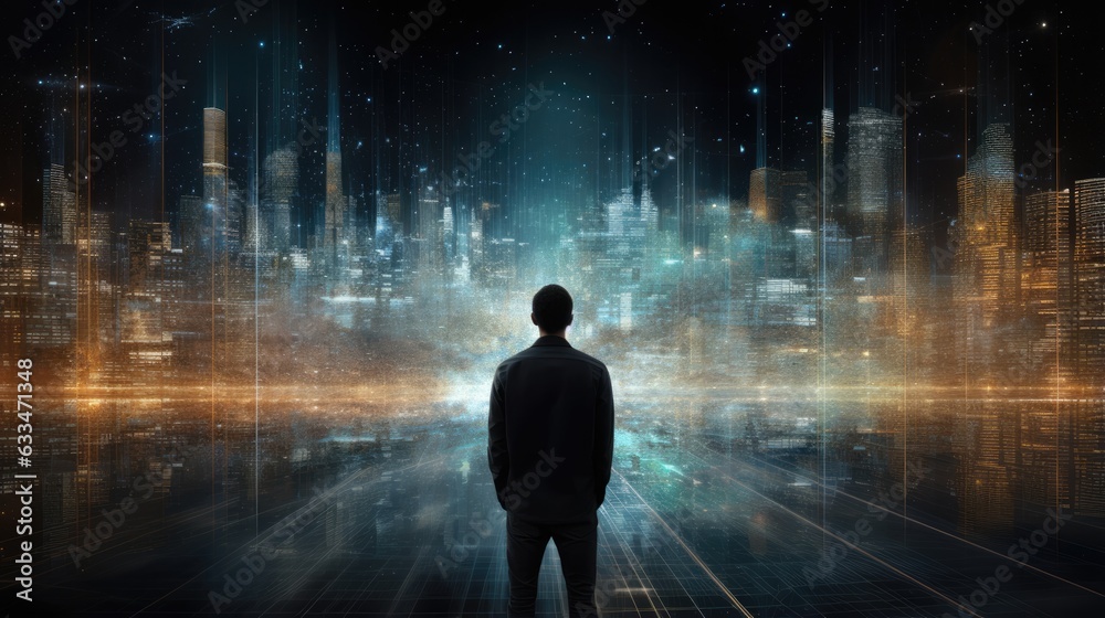 person from the back in a futuristic and data universe surrounded by lights and particles and data visualizations. generative ai person from the back in a futuristic and data universe surrounded by lights and particles and data visualizations. generative ai