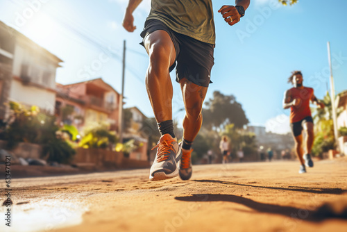 Legs of african american runners sprinting outdoors in urban area close-up.  photo