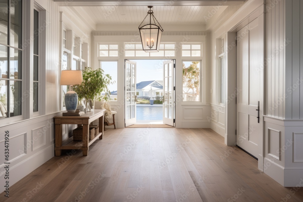 A spacious and expansive entryway with a wide interior door, a hallway showcasing a hanging light fixture and transom, adorned in coastal hues, accompanied by an entryway table and beautiful wooden A spacious and expansive entryway with a wide interior door, a hallway showcasing a hanging light fixture and transom, adorned in coastal hues, accompanied by an entryway table and beautiful wooden