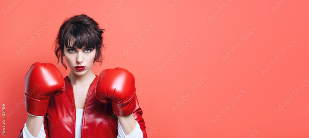 Young woman with red boxing gloves, serious expression. Studio portrait wide banner with empty copy space on side. Generative AI