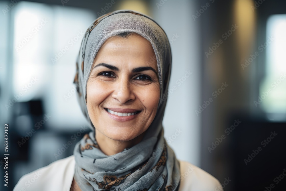 Middle aged arab businesswoman with a hijab smiling in a modern office Middle aged arab businesswoman with a hijab smiling in a modern office