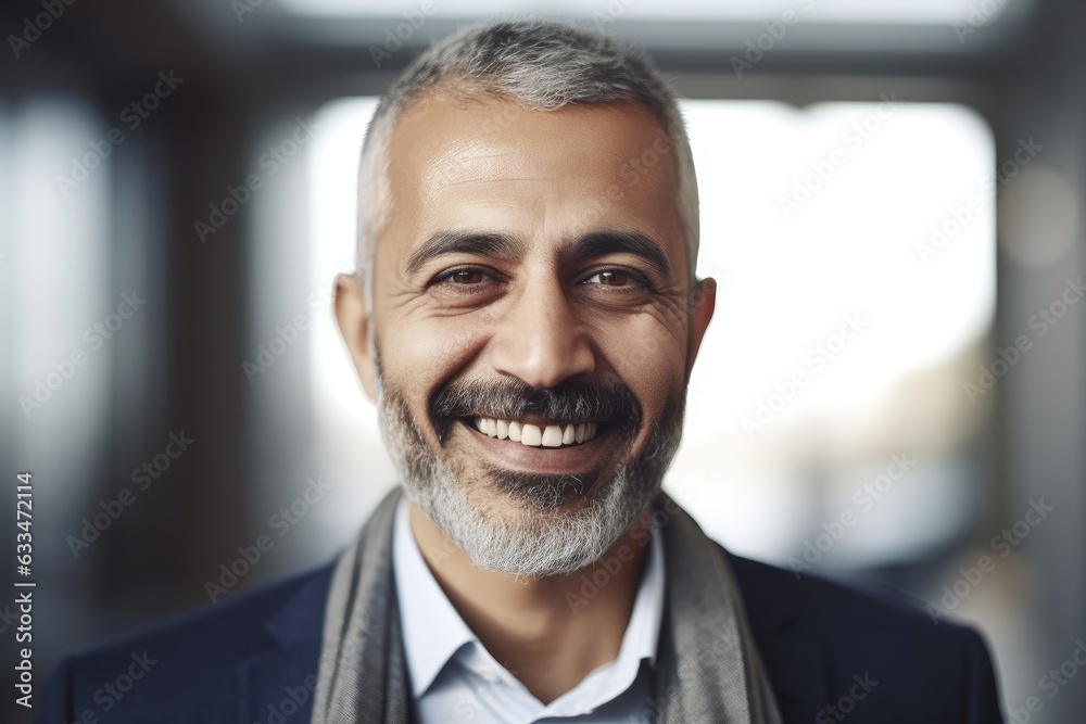 Middle aged businessman of arab ethnicity smiling in a modern office and looking at camera Middle aged businessman of arab ethnicity smiling in a modern office and looking at camera