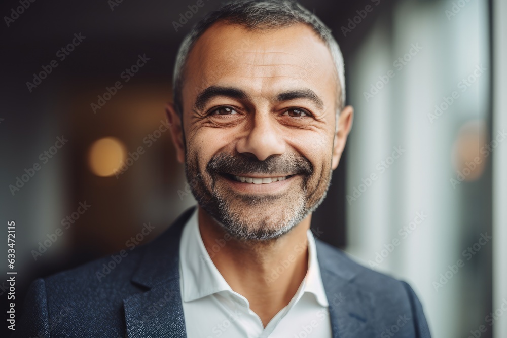 Middle aged businessman of arab ethnicity smiling in a modern office and looking at camera Middle aged businessman of arab ethnicity smiling in a modern office and looking at camera
