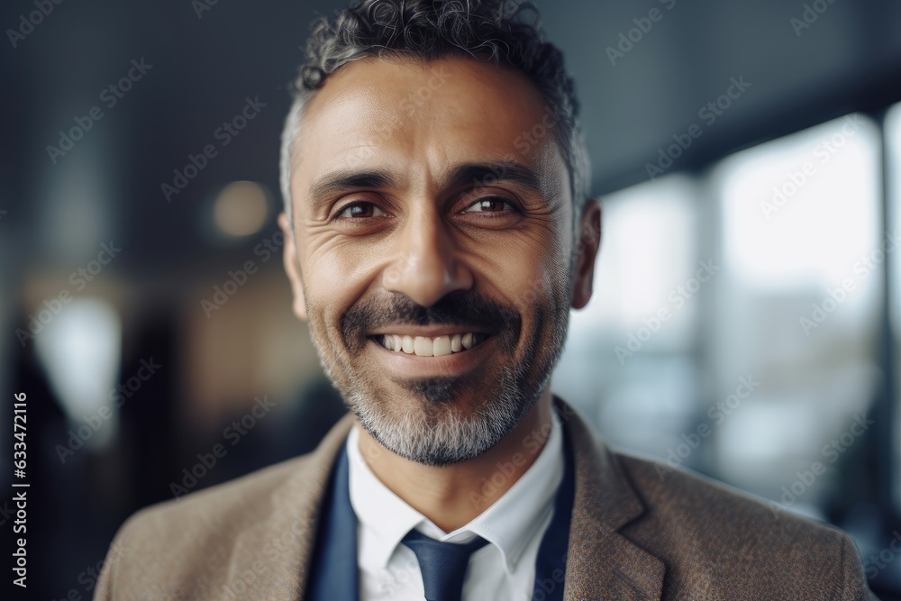 Middle aged businessman of arab ethnicity smiling in a modern office and looking at camera Middle aged businessman of arab ethnicity smiling in a modern office and looking at camera
