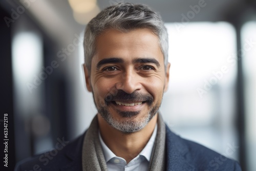 Middle aged businessman of arab ethnicity smiling in a modern office and looking at camera © NikoG