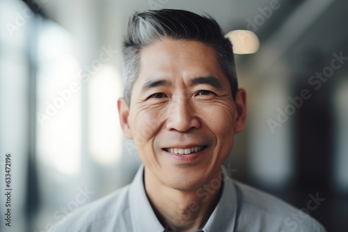 Middle aged asian businessman smiling and looking at camera in the office portrait