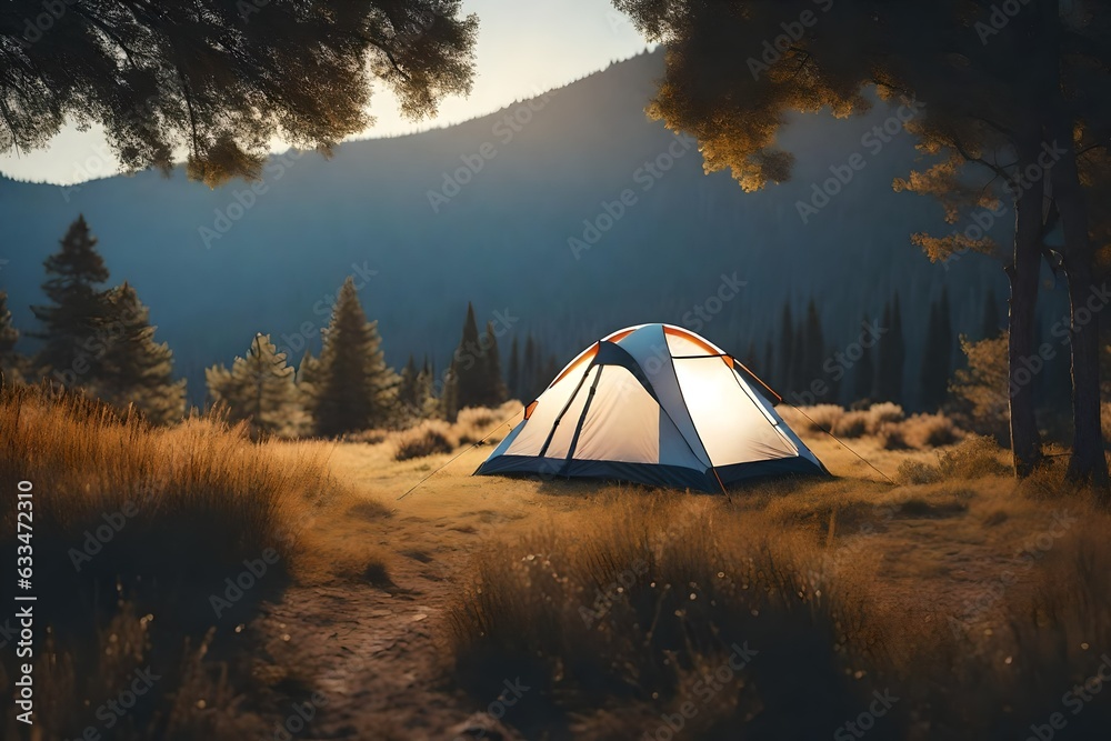Outdoor camping photo. tent in the middle of nature, a beautiful landscape. natural, protected area
