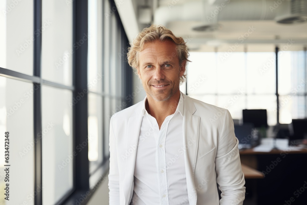 Middle aged scandinavian businessman smiling in the office Middle aged scandinavian businessman smiling in the office