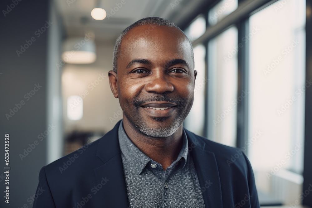 Portait of a middle aged businessman of african ethnicity in an office looking at camera