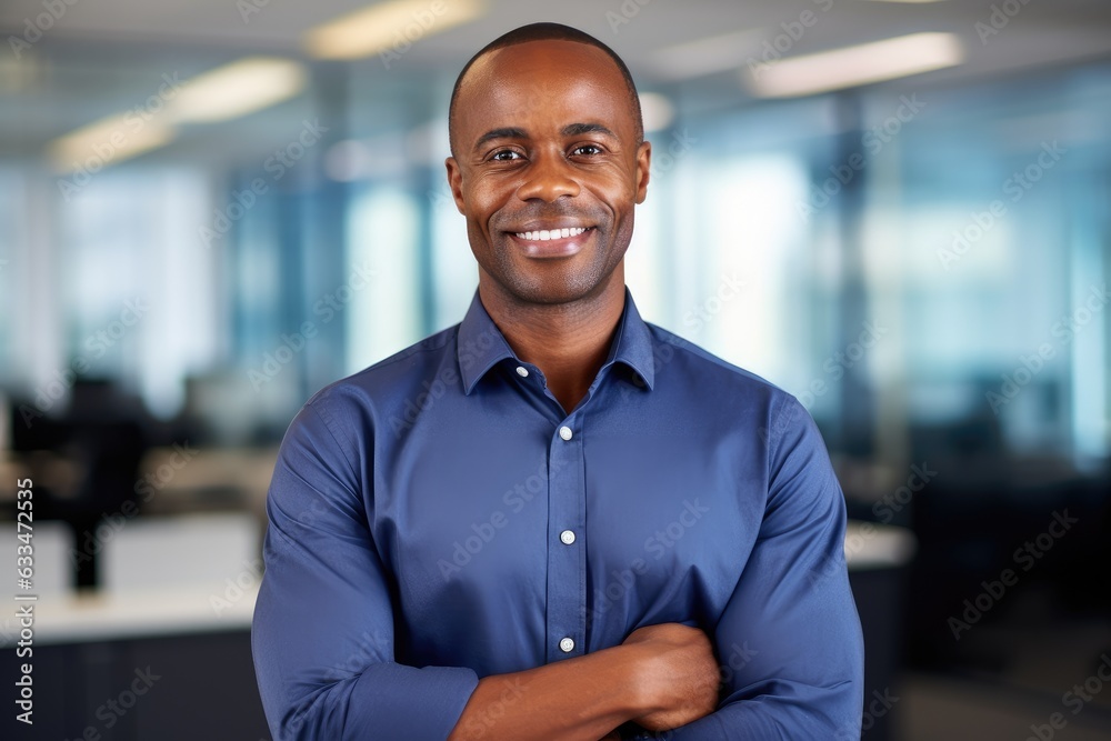 Portrait of a middle aged african american businessman looking at the camera in an office Portrait of a middle aged african american businessman looking at the camera in an office