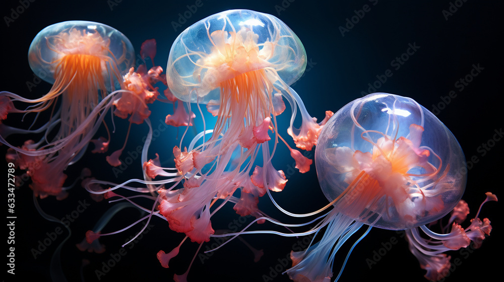 Behold a celestial ballet as translucent jellyfish drift gracefully, their bioluminescent trails leaving traces of stardust in the tranquil waters, creating an ethereal dance of li  - obrazy, fototapety, plakaty 