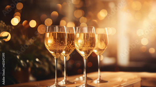 A festive occasion where elegant and stylish women raise their champagne glasses in a celebratory toast. The champagne sparkles in the light, set against a background of softly blu 