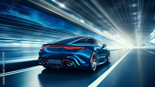 The backside perspective of a sleek blue business car navigating a sharp turn at high velocity. The blue automobile races along a high-speed expressway, showcasing its agility and  photo