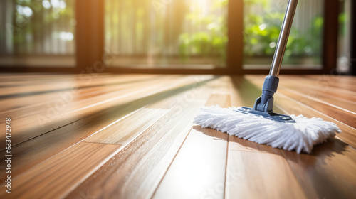Wallpaper Mural The process of cleaning the parquet floor using a mop and foamy cleanser. Cleaning utensils arranged on the surface of the parquet floor.  Torontodigital.ca