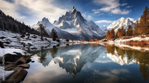  a mountain range is reflected in a lake surrounded by snow. generative ai