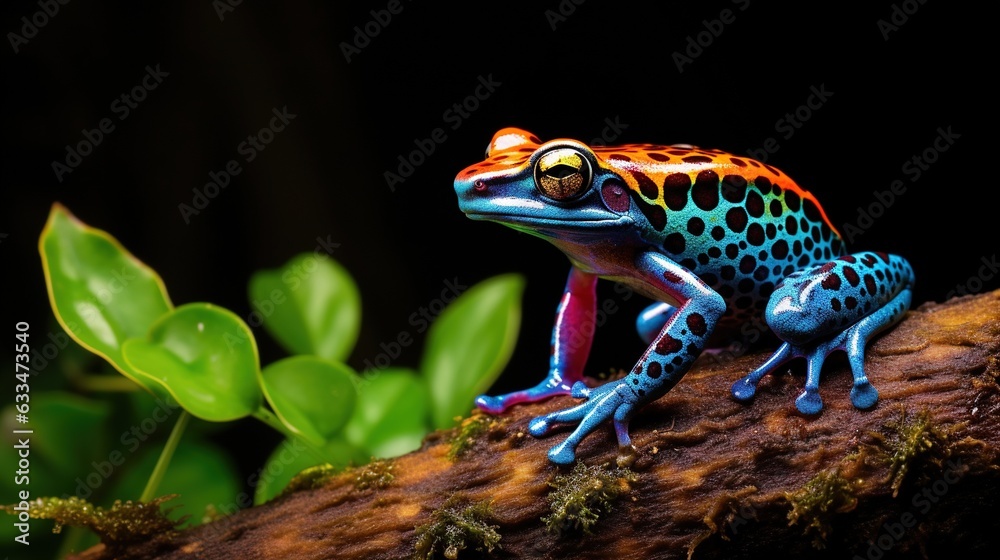 Fototapeta premium a colorful frog sitting on top of a tree branch next to a plant. generative ai