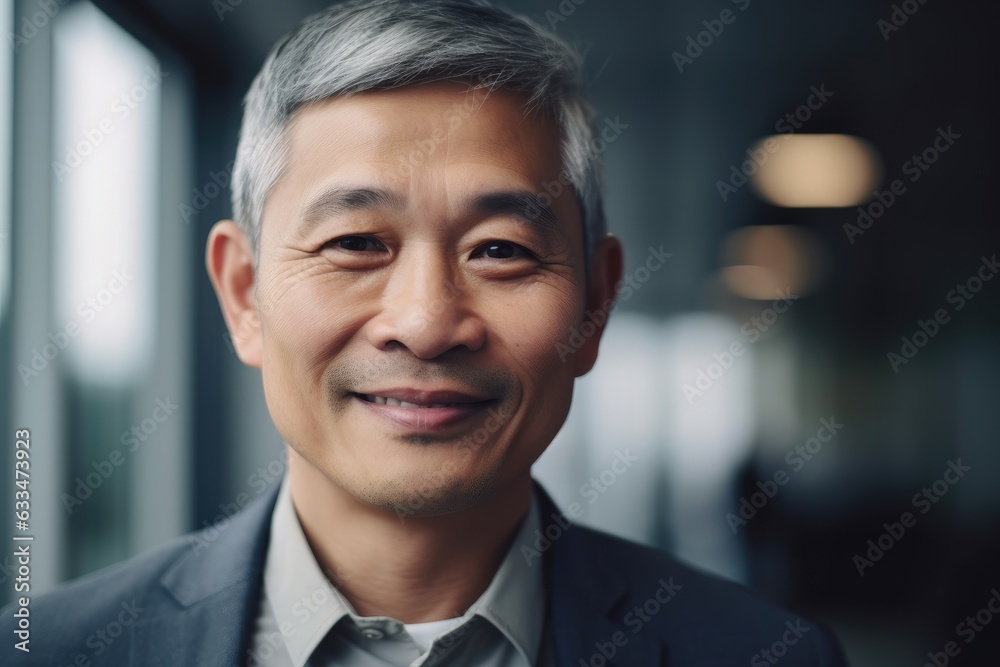 Middle aged asian businessman smiling and looking at camera in the office portrait Middle aged asian businessman smiling and looking at camera in the office portrait