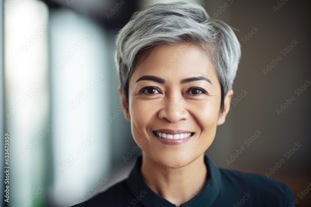 Middle aged asian businesswoman with short hair smiling and looking at camera in office Middle aged asian businesswoman with short hair smiling and looking at camera in office
