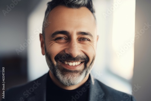 Middle aged businessman of arab ethnicity smiling in a modern office and looking at camera