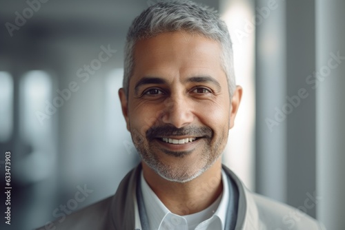 Middle aged businessman of arab ethnicity smiling in a modern office and looking at camera