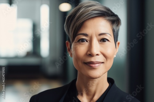 Middle aged asian businesswoman with short hair smiling and looking at camera in office