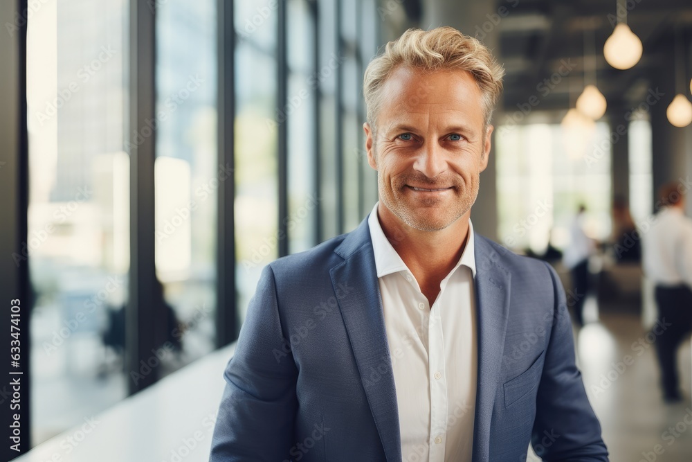 Middle aged scandinavian businessman smiling in the office Middle aged scandinavian businessman smiling in the office