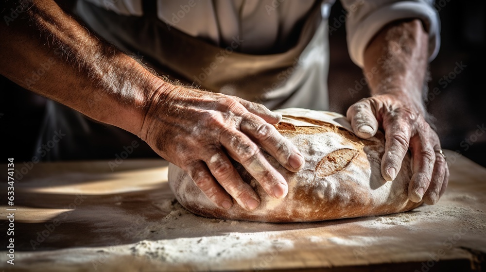  a man is kneading a loaf of bread on a table.  generative ai