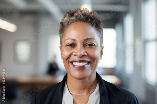 Portrait of a middle aged african american businesswoman with short hair looking at camera in the office