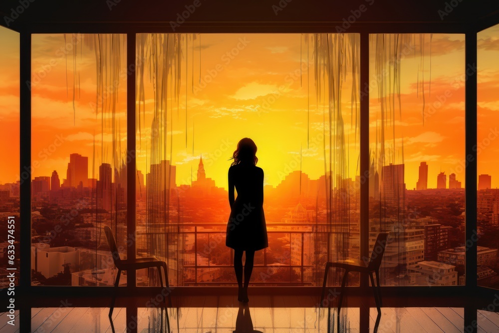 Silhouette woman against a window. Cityscape on background