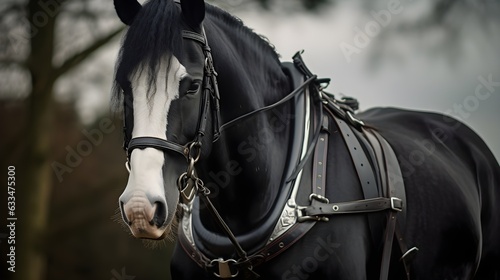 Portrait of beautiful Friesian horse on a natural green farm background, British, AI Generated
