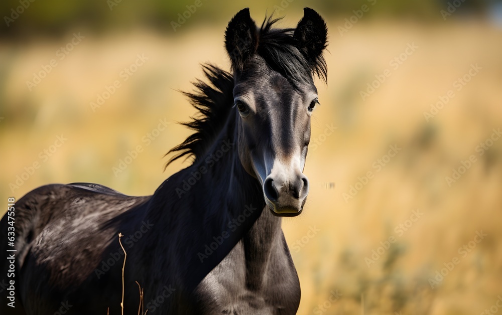 Portrait of beautiful Friesian foal horse on a natural green farm background, sunlight, AI Generated Portrait of beautiful Friesian foal horse on a natural green farm background, sunlight, AI Generated