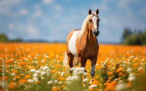 White, mustang horse portrait in poppy flowers field at sunrise light, running, AI Generated