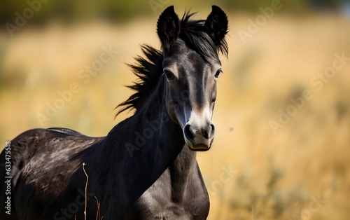 Portrait of beautiful Friesian foal horse on a natural green farm background, sunlight, AI Generated