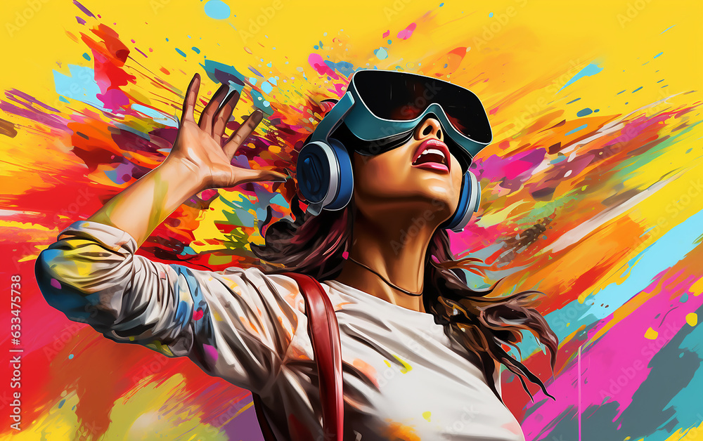 A young woman wearing virtual reality headset (VR), colorful pop art style. A young woman wearing virtual reality headset (VR), colorful pop art style.