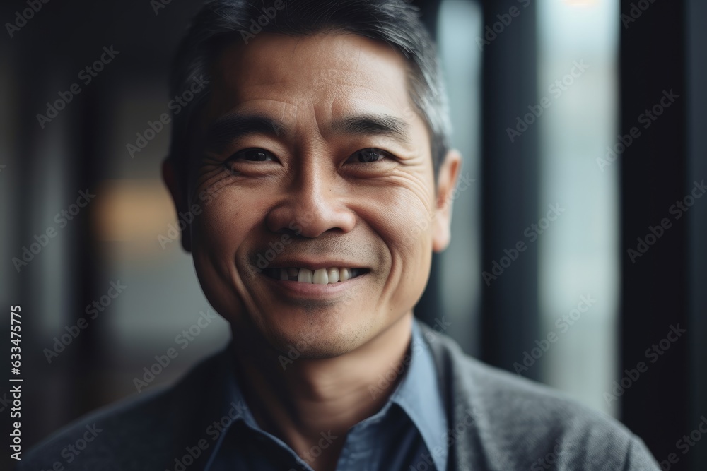Middle aged asian businessman smiling and looking at camera in the office portrait Middle aged asian businessman smiling and looking at camera in the office portrait
