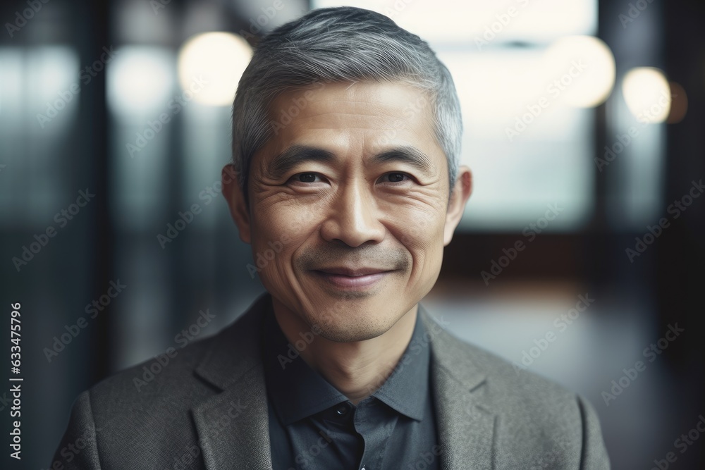 Middle aged asian businessman smiling and looking at camera in the office portrait