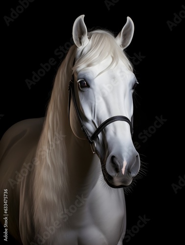 Portrait of beautiful Arabian white horse on a black dark studio background, sunlight, AI Generated