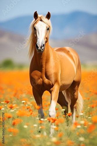 White, mustang horse portrait in poppy flowers field at sunrise light, running, AI Generated