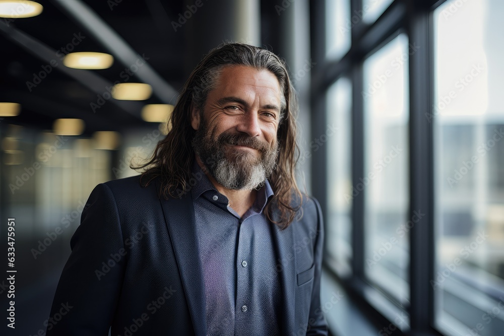 Middle aged caucasian businessman with long hair and a beard in the ...