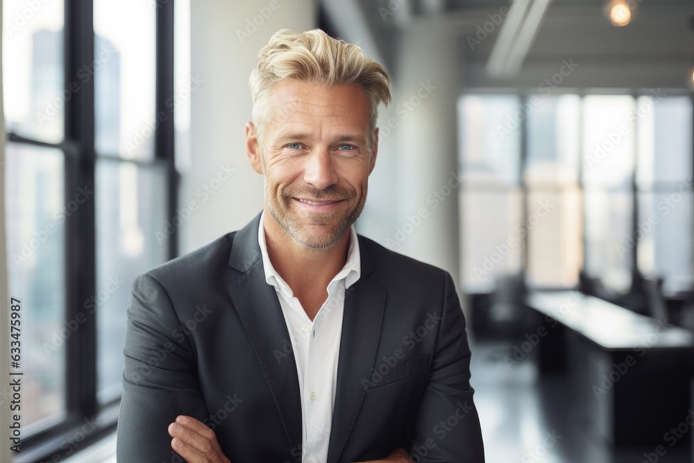 Middle aged scandinavian businessman smiling in the office Middle aged scandinavian businessman smiling in the office