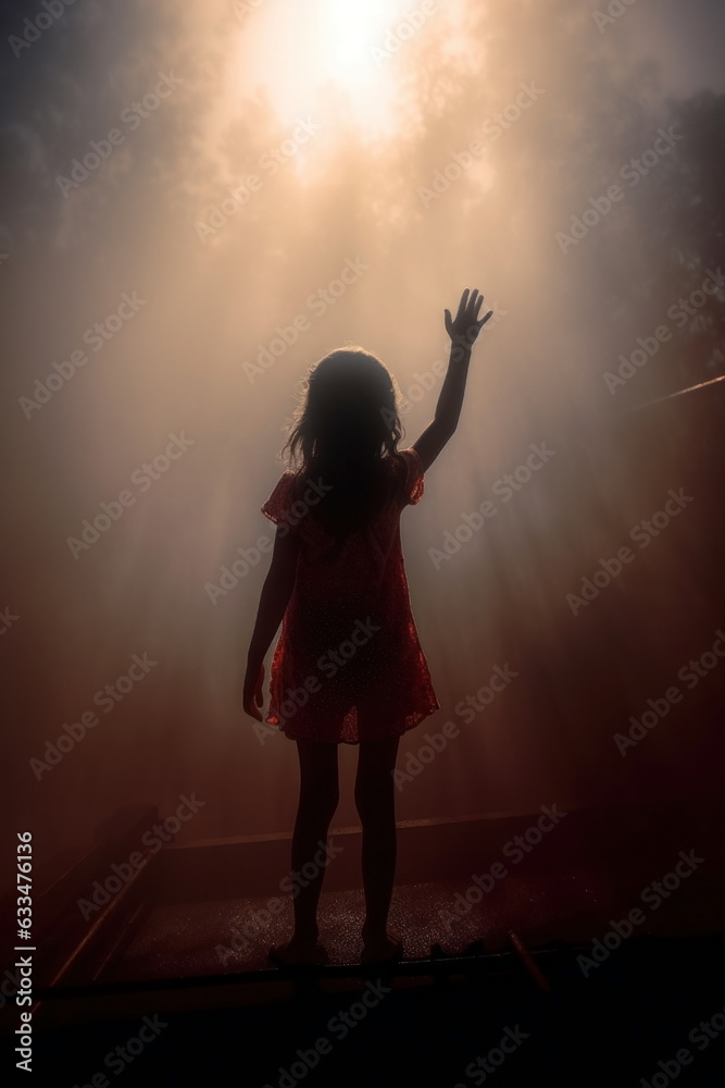young child with her arm to the sky in seek of help. praising and praying concept. children and religion.